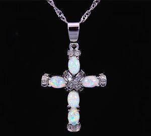 Christian Cross White Fire Opal Stone Silver Plated Pendants For Women PJ16011004