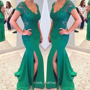 2019 Abito da ballo lungo verde Abito da cerimonia formale con scollo a V a sirena con scollo a V Applique in pizzo Abito da festa formale Plus Size Robe De Soiree