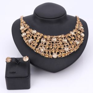 Fashion Crystal Bridal Statement Jewelry Sets Gold Plated Women Gift Party Wedding Prom Necklace Earring Party Dress Accessories
