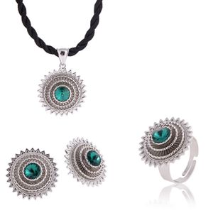 New Arrival Sliver Color White gold Ethiopian Jewelry sets pendant earrings ring With Bule/Green/Red Stone African Habesha Gift