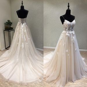 Sexy Illusion Champagne Wedding Dress Spaghetti Straps Sweetheart See Through Top Lace Appliques Country Tulle Bridal Gown Corset Back