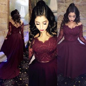 Deep Burgundy Two-Piece Prom Klänningar Sheer Jewel-Neck Beaded Lace Appliques Långärmad Party Dress Sexig En Line Sweep Train Aftonklänningar