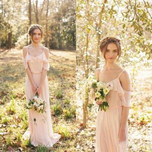 Country Style Bridesmaid Dresses Blush Pink Chiffon Long Bohemian Wedding Party Maid of Honor Gowns Spaghetti Straps Off Shoulder Beach Wear