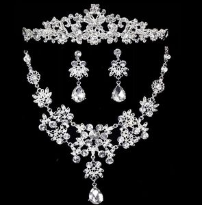 New Arrival Rhinestones Bridal Jewelry Sets Silver Crystals Three Pieces Wedding Necklaces Tiaras Crowns And Earrings For Bride Accessories