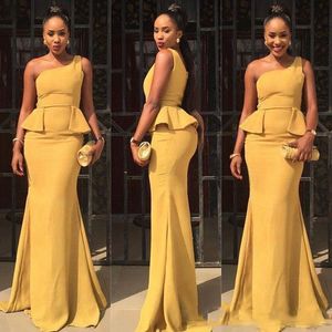 Aso Ebi Style One Ramię Prom Dresses 2017 Yellow Satin Peplum Syrenki Suknie Wieczorowe Zipper Back Formal Party Dresses