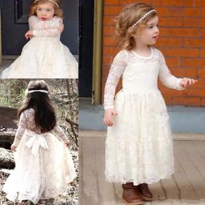Long Sleeves Flower Girls Dresses Jewel Lace Ankle Length Illusion Girls Pageant Dress Back Ribbon Sash Lovely First Communion Dress