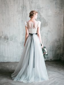 Garden Style Wedding Dresses Light Gray Tulle Bottoms Ivory Lace Sweep Train Buttons Back Cap Sleeves Bridal Gowns