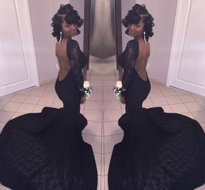 2017 Nowa Moda Sexy 2K17 Black Mermaid Prom Dresses Długie Rękawy Backless Lace Aplikacja Court Train Formalne Wieczorowe Suknie Party Custom Made