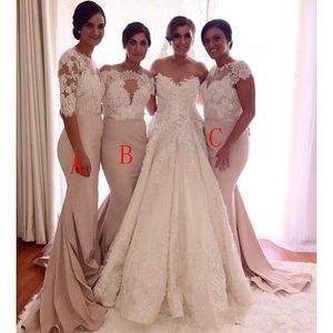 Vestidos Lace Mermaid Bridesmaid Mixemmaid Mixed Styles Cap SleevesアップリケLong Train Formal Party Gowns Wedding Guest Dresses 329 329