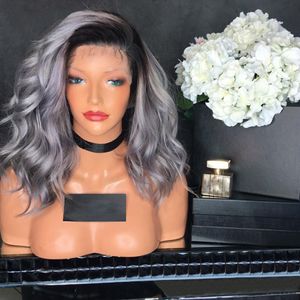 Ombre T1B/Grey Lace Front Human Hair Wigs Wavy Brazilian Virgin Hair 150% Density Pre Plucked Hairline Short Wave Glueless