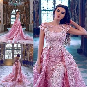 Luxury Pink Mermaid Evening Gown With Overskirts Train Lace Applique Short Sleeves Red Carpet Dress Amazing Dresses Sexy Formal Evening Wear