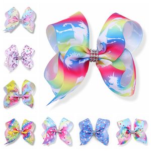 50pcs girl Newest 5" Unicorn hair bows clips character striation ombre bowknot hairpins with Rhinestone in center hair Accessories HD3511