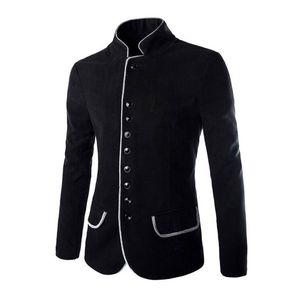 Blazers atacado gola mandarim único breasted homem terno de lã jaqueta sólida casual trench outono inverno casaco moda masculina outerwear