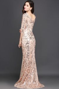 Cheap Rose Gold Mermaid Evening Dresses with Half Sleeves Sequin Long Prom Dresses Elegant Formal Evening Gowns Robe de Soiree BA0253T