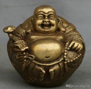 Puro Chinês Cobre Feliz Rir Buda Maitreya Ruyi Yuanbao Riqueza Moedas Estátua