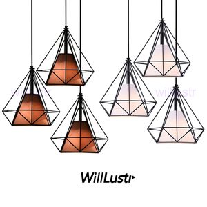 Willlustr الماس شكل مصباح الحديد المطاوع قلادة ضوء الإطار المعدني النسيج تعليق الإضاءة غرفة الطعام بار مقهى مطعم فندق مول