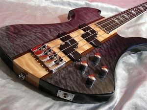 RARO Rich Mockingbird 4 cordas Trans Black Qulit Maple Top Guitarra baixo elétrico Braço Maple Fios ativos 9V Caixa de bateria