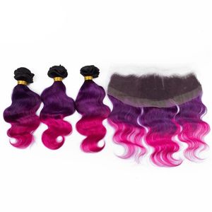 Cheap ombre hair extension with lace frontal Brazilian ombre hair weave 1b purple pink three tone color human hair wefts with frontal