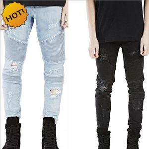 All'ingrosso-Hot 2022 Hip Hop Jeans strappati con buco Moda uomo Pista pieghettata Distressed Biker Boy Blu / Nero Pantaloni da motociclista Bottoms 28-40