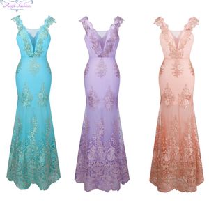 Angel-fashions Women's V Neck Embroidery Lace Flower Straps Mermaid Bridesmaid Dress Run Fashions Party Dresses 310262S