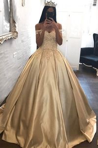 Newest Off The Shoulder Gold Satin Ball Gown Wedding Dresses Lace Long Formal Gowns Applique Lace up Back Puffy Bridal Dress