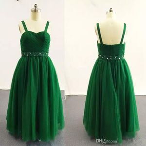 New Green Ball Gown Little Girl Pageant Dresses Double Strapped Beaded Pleated Ruched Tulle Dress