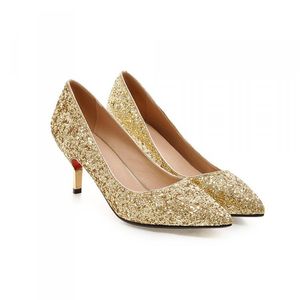 Frühling Spitz Frauen Schuhe Bequem Mittleren Absatz Gold Glitter Pailletten Tuch Hochzeit Schuhe Braut Pumpen Plus Größe