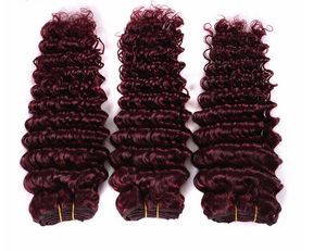 Toppkvalitet Fabrikspris Bourgogne Hair Extensions Deep Wave 100g 3st / Lot Brasilianska Peruanska 99J Människans hår vävar röd vinfärg