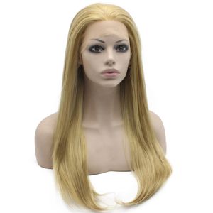 Lång askblond peruk Silkeslen Rak 150% Densitet Värmebeständig syntetfiber Spets Fashion Wig Wig