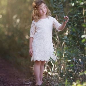 Country Beach Wedding Flower Girl Dresses Ivory Lace Boho A Line Knee Length with Half Sleeve Baby First Communion Dresses Cheap Jewel