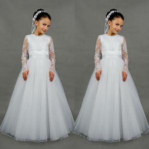 Comunhão sagrada vestidos para meninas jóia pescoço uma linha até o chão cetim branco e tule vintage vestido da menina flor com manga longa wraps