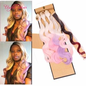 Ombre Blondynka Różowy Kolor Szyć w Włęki Splot 4 Wiązki Z Zamkniętymi Wiązki Włosiane Waile Wave Włosy 10-22inch Marley Twist Weaves Zamknięcie