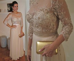 Affascinante vedere attraverso la madre della sposa abiti maniche a 3/4 perline fusciacca formato personalizzato champagne abiti da cerimonia nuziale spettacolo vestito da partito