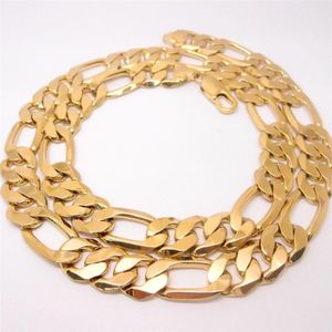 60cm Men's 14K Yellow Solid Gold Filled Figaro Necklace Chain Link Flat Hammered Wide 12mm 3/1