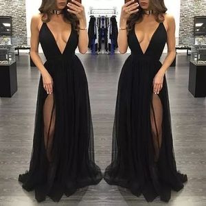 Deep V-Neck Black Super Sexy Dress Dress Moda Side Split Cienkie paski Criss-Cross Backless Prom Suknia Dress