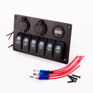 Voltmetro digitale + presa sigaretta 12V + doppio adattatore per caricabatterie USB montaggio ad incasso in alluminio 6 gang interruttore a bilanciere pannello nero camper auto barca