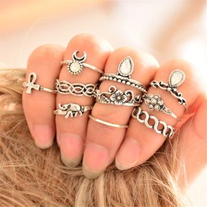 Idealway 10pcs/Set Fashion Vintage Rhinestone Hollow Out Knuckle Nail Midi Ring Biżuteria