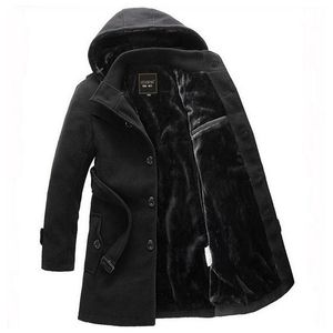 Atacado- 2016 homens grosso Warm Winter Trench Casaco Long Seção Deslize-se Collar Único Breasted Moda Sólida Velo Jaqueta Overcoat XXXL