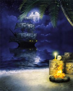 Yıldızlı Gökyüzü Korsan Gemisi Fotoğraf Backdrop Koyu Mavi Gece Hazine Kutuları Seaside Palm Tree Çocuk Çocuk Stüdyo Fotoğraf Çekimi Arkaplan