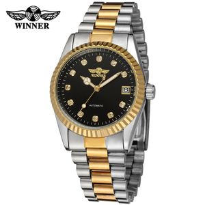 Vencedor masculino assista de alta qualidade pulseira de aço inoxidável marca calendário automático ananlog vestido relógio de pulso cor ouro