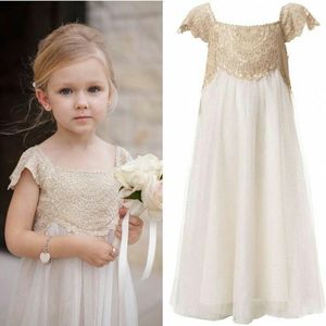 2022 Vintage Lace Flower Girl Dresses for Bohemian Wedding Floor Length Cap Sleeve Empire Bow Champagne Ivory First Communion Dresse