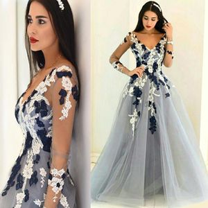 Long-Sleeve Appliques V-Neck Lace Sheer Populära Prom Klänningar A-Line Light Blue Long Afton Dress Vestido de Festa Longo Com Pedraria