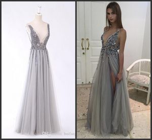 2020 New Real Image Thigh Split Evening Dresses Plunging Neckline Appliques Backless Prom Gowns Floor Length Tulle Evening Party Dress 193