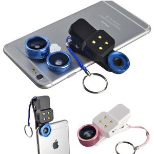 Mini 4 in 1 Universal Clip Fish Eye Weitwinkel 15 Makro Objektiv LED Fülllicht 198 Grad Fisheye Glas Kameraobjektiv für iPhone Samsung