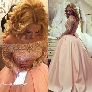 Rumieniec Różowy Ładna Suknia Balowa Sexy South Afryki Prom Dress Aplikacja Długie Rękawy Bankiet Wieczór Party Suknia Custom Made Plus Size