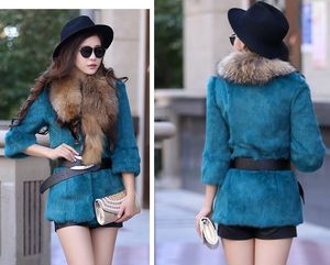 Women's fashion big real raccoon fur collar three quarter sleeve natural rabbit fur medium long coat casacos S-XXL With belt