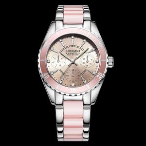 skylove8 recommended high-quality Longbo three-eye steel belt ceramic women's dress watch men's fashion waterproof lumin344i