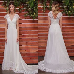 Low v-Neck And Back Capped Sleeves And a Magnificent Court Length Train Bohemian Wedding Dress Silk Chiffon Bridal Dresses
