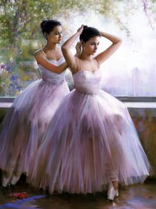 Framed Beautiful Young Ballet Girls avant la représentation en robe blanche peinture peinte à la main Toile de peinture à l huile multi tailles P0030