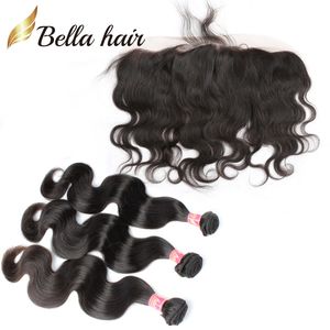 Brazylijskie ludzkie włosy wątki z koronkowymi czołowymi zamknięciem ciało fala uszy do uszu tkająca wiązki Virgin Hair Perming 4pcs/Lot Bellahair